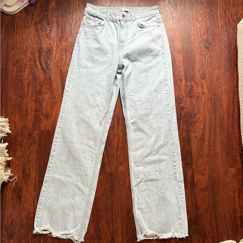 Zara Blue Straight Wide Leg Jeans light wash